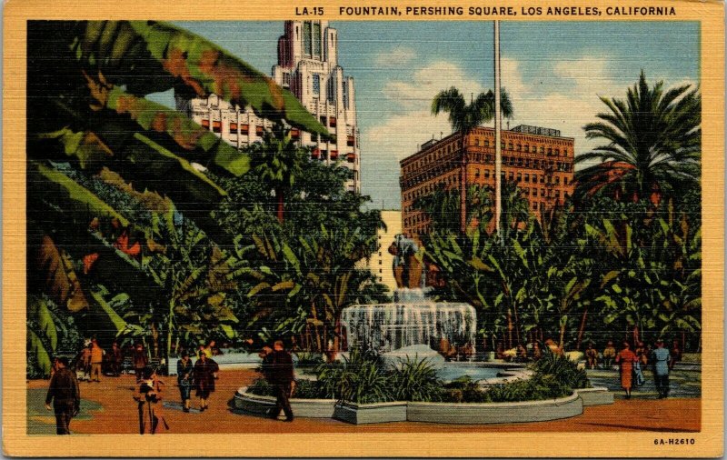 Vtg 1930's Fountain Pershing Square Los Angeles California CA Linen Postcard