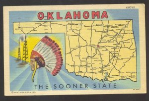 OKLAHOMA THE SOONER STATE LINEN MAP INDIAN CHIEF OIL WELL VINTAGE POSTCARD