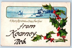 Kearney Nebraska NE Postcard Merry Christmas & Happy New Year Greetings Glitter