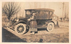 RPPC WOMAN & HER CAR REAL PHOTO POSTCARD (c. 1915)