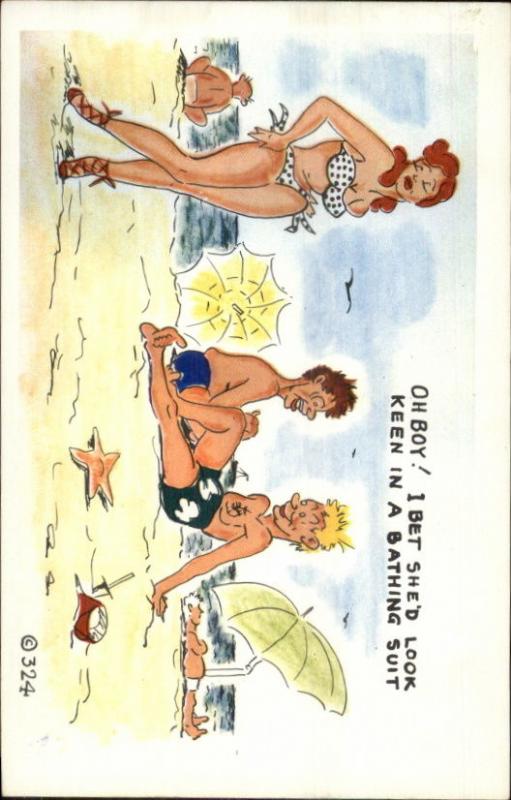 Bathing Beauty Suit So Small Man Doesn't See It Comic Postcard