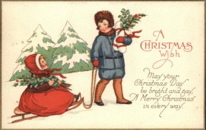 Christmas Stecher Ser 1040B Boy Pulls Girl on Sled Vintage Postcard