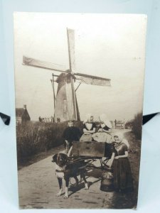 Dog Pulling Cart with Children Nr Old Windmill Zeeland Holland Vintage Postcard