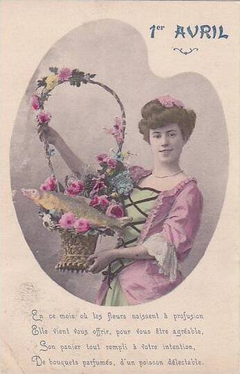 1er Avril April Fool's Day Woman Holding Basket With Fish 1908