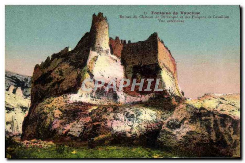 Old Postcard Fontaine de Vaucluse Ruins of Chateau Petrarch and bishops of Ca...