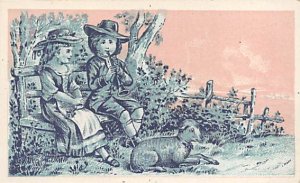 Approx. Size: 2.25 x 3.75 Boy and a girl sitting on a bench with a lamb  Late...