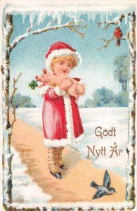 Christmas Greetings Child holding Pig Vintage Postcard AA23427