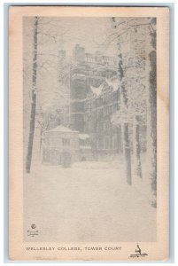 c1905 Wellesley College Tower Court Building Winter View Trees Snow MA Postcard 