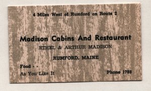 Vintage 1940's Business Card - Madison Cabins & Restaurant - Rumford Maine