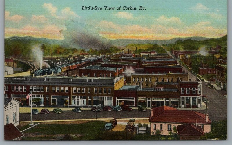 c.1951 Bird's Eye View Corbin Kentucky Postcard KY Train Downtown Flag Cars