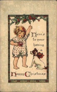 Christmas Little Girl with Terrier Dog Vintage Postcard