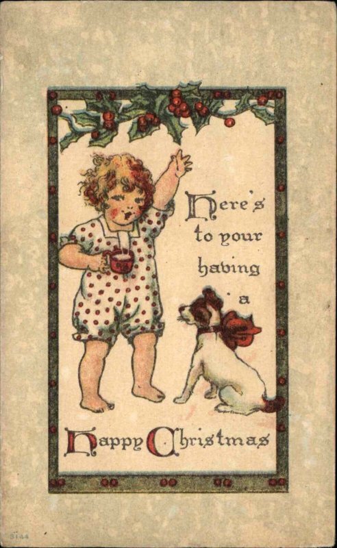 Christmas Little Girl with Terrier Dog Vintage Postcard