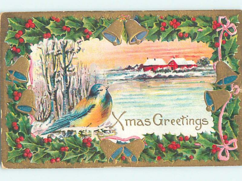 Pre-Linen christmas BEAUTIFUL BIRD SITTING BESIDE ICY WATER hr2719