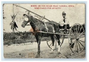 c1910 Wagon Cart Panora Iowa IA Boy Googles Anti-Car Humor Comic Postcard