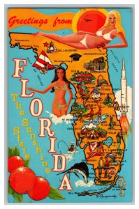 Postcard FL Greetings From Florida Sunshine State Vintage Standard View Map Card