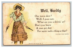 Vintage 1909 Postcard Western Woman Six Shooters Hand Guns Walter Davis Poem