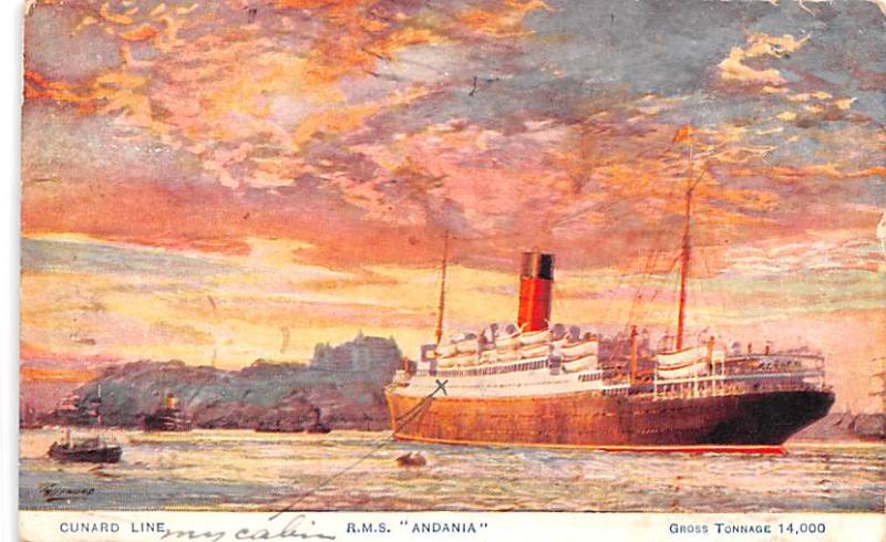 Cunard Line, RMS Andania Ship 1925 writing on front