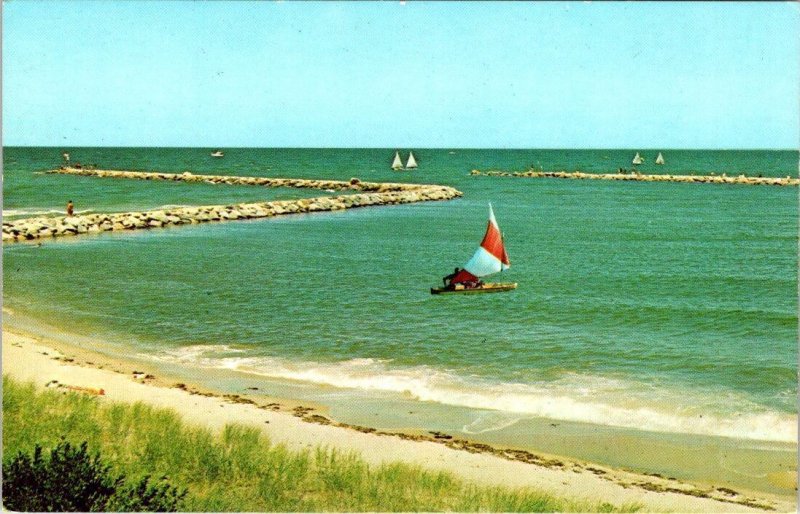 East Dennis, Cape Cod MA Massachusetts  SESUIT HARBOR Sailboats~Jetty  Postcard