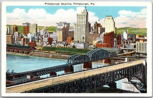 Pittsburgh Pennsylvania PA, Skyline, Long Metal Bridge, Vintage Postcard