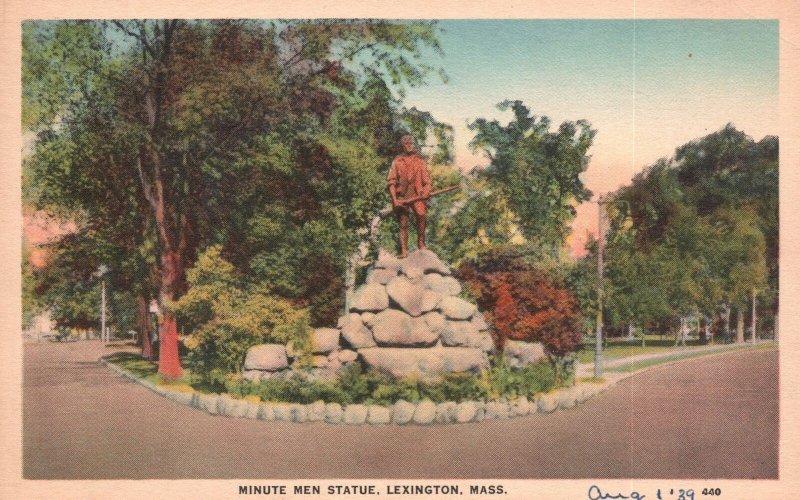 Vintage Postcard Minute Men Statue Lexington Massachusetts MA American Art Pub.