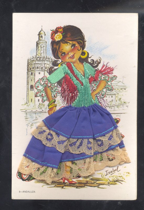 SPAIN SPANISH DANCER ANDALUZA APPLIED MATERIALS SILK DRESS VINTAGE POSTCARD