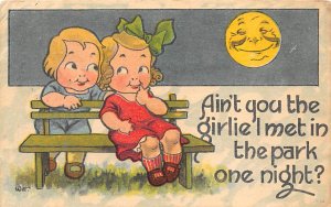 I met in the Park One Night? Cartoon of Girl and Boy on Fence in Moonlight Mo...