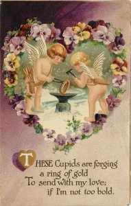 Embossed Valentine Postcard, BB London V.13 Cupids Forging Ring of Gold for Love