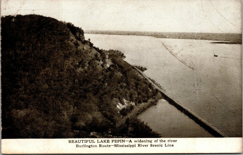 Vtg Lake Pepin Burlington Route Mississippi River Scenic Train Railroad Postcard