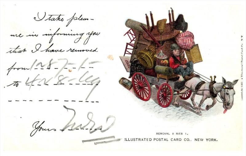 Furniture Mover postcard, Wagon pulled by mule