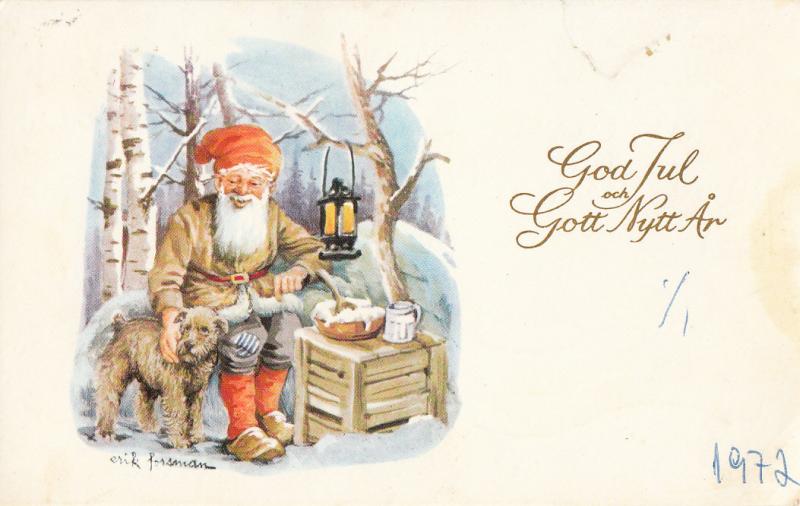 Erik Forsman greeting card New Year God Jul dwarf gnome dog lamp fantasy