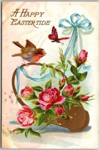 1909 A Happy Easter Tide Flowers In Basket And Birds Posted Postcard