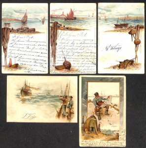 Lot of 5 chromo Litho postcards 1900-1903 fishermen boats fishing topical 