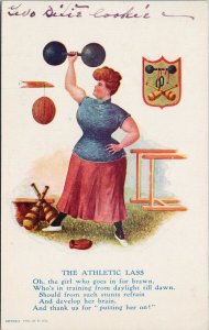 The Athletic Lass Woman Lifting Weights Dumbbell Sports R. Hill Postcard G69