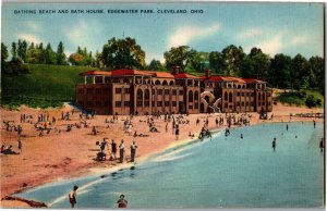 Bathing Beach and Bath House, Edgewater Park Cleveland OH c1937 Vtg Postcard K37