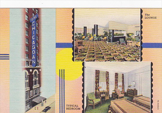 Illinois Chicago Lounge and Typical Bedroon Hotel Chicagoan Curteich