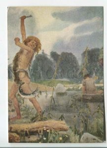 480498 1965 Vasnetsov stone age girl pulling fish prehistoric man Soviet artist