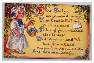 Vintage 1918 Birthday Postcard Cradle Roll Department Girl Basket of Flowers