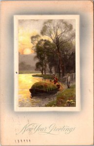 Happy New Year With Landscape Scene 1910