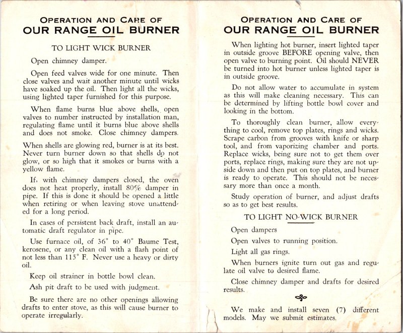 Leader Ranges Oil Burning Water Heater pamphlet instructions c1932 Lynn MA