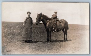 c1910's Mother And Child Riding Horse Scene Field RPPC Photo Antique Postcard