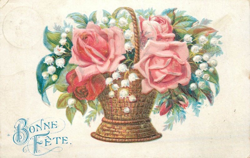 Embossed flowers fantasy greetings rose basket France 1905