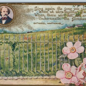 c1910s Nathaniel Hawthorne Sing Again Poem Fence Floral Gilt Postcard Loves A204
