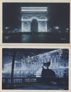 Paris Arc De Triomphe Place De La Concorde 2x Night French Postcard s