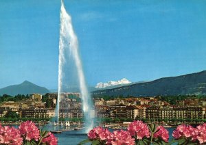 Postcard La Rade Geneve Lake Fountain Flowers Buildings Geneva Switzerland