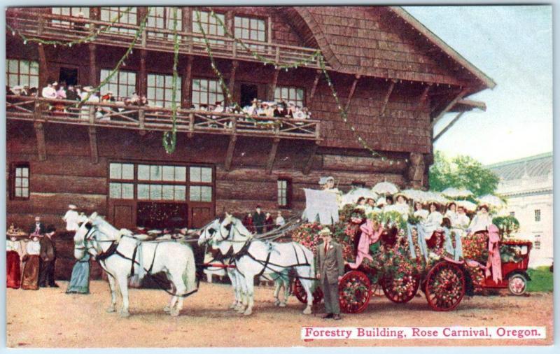 PORTLAND, Oregon  OR    ROSE CARNIVAL Float  FORESTRY BUILDING c1910s Postcard