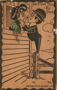 Postcard 1907 Leather heal window romance Kiss by post comic humor TP24-3439