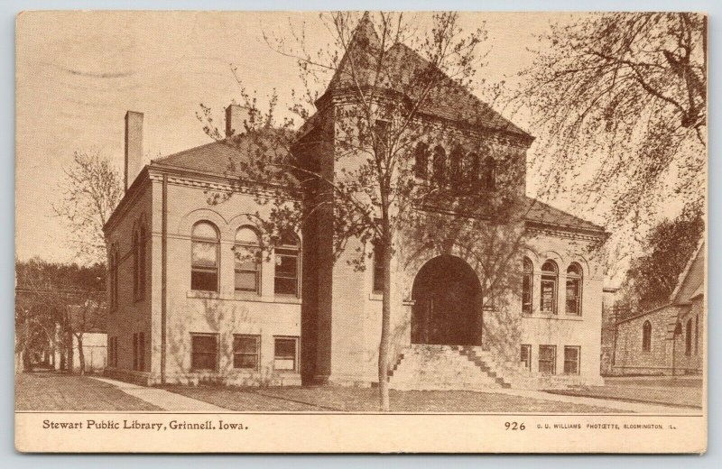 Grinnell Iowa~Grand Stairway Under Big Arch~Stewart Public Library~1911 Sepia PC 