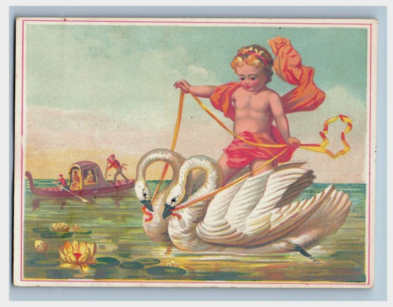 1880s Fantasy Victorian Trade Card Cherub Riding Swans Lake Boat F152