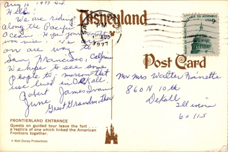 Disneyland Postcard 1970s Entrance to Frontierland Log Stockade Flowers