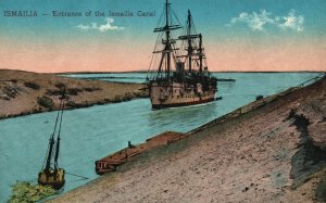 Vintage Postcard Entrance Of The Canal Boats and Ships Ismailia Egypt